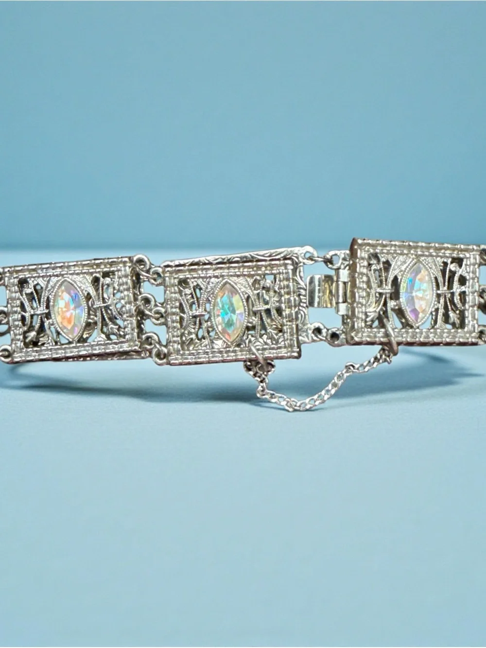 Aurora Borealis Marquise Crystal Filigree Bracelet - Silver Tone